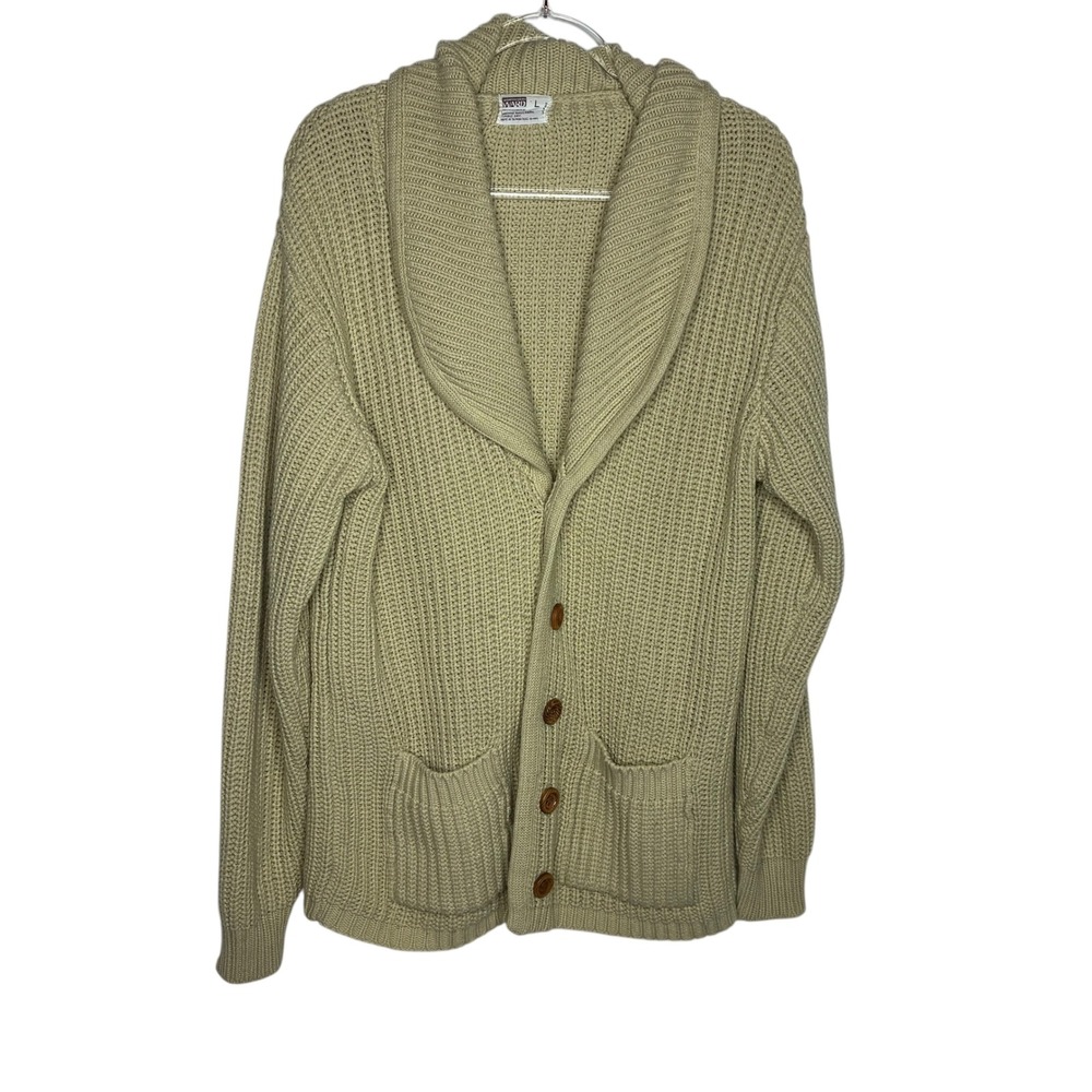 Montgomery Ward Mens Large Cardigan Sweater Tan Vintage Shaker Knit Fisherman